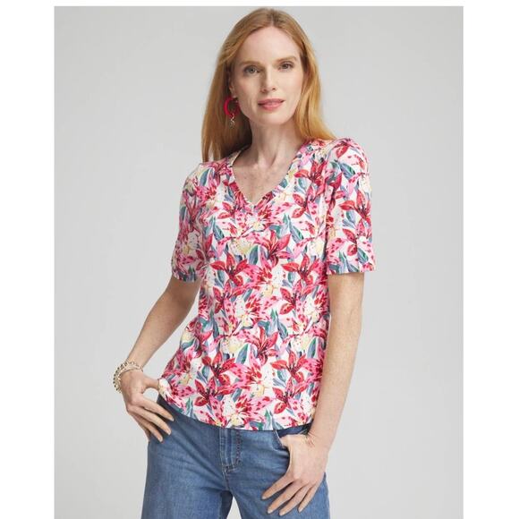 Chico’s Everyday V-Neck Top Size XXL Pima Cotton Short Sleeves Floral Colorful - Picture 1 of 10